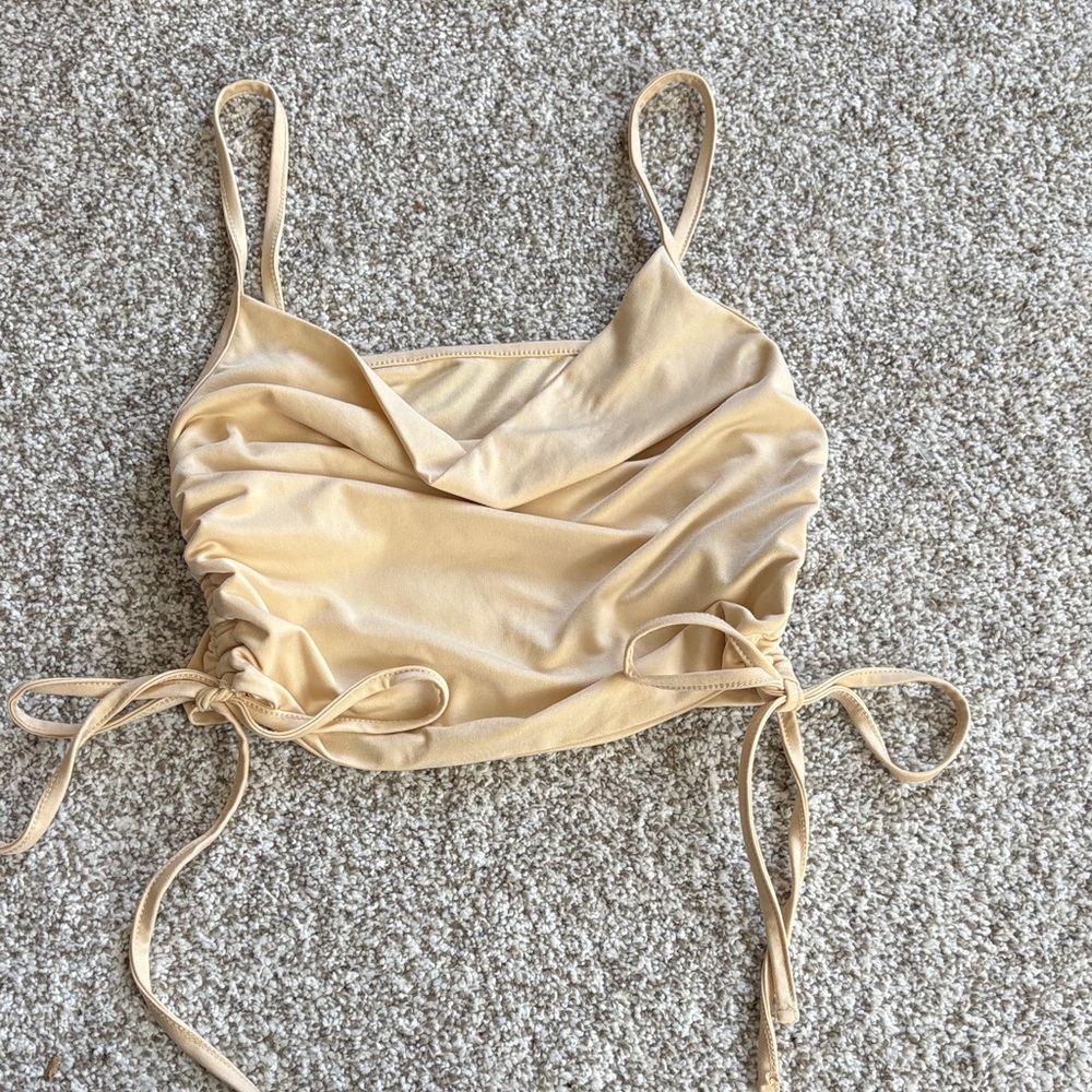 Ruched Spaghetti Strap Crop Top in Beige